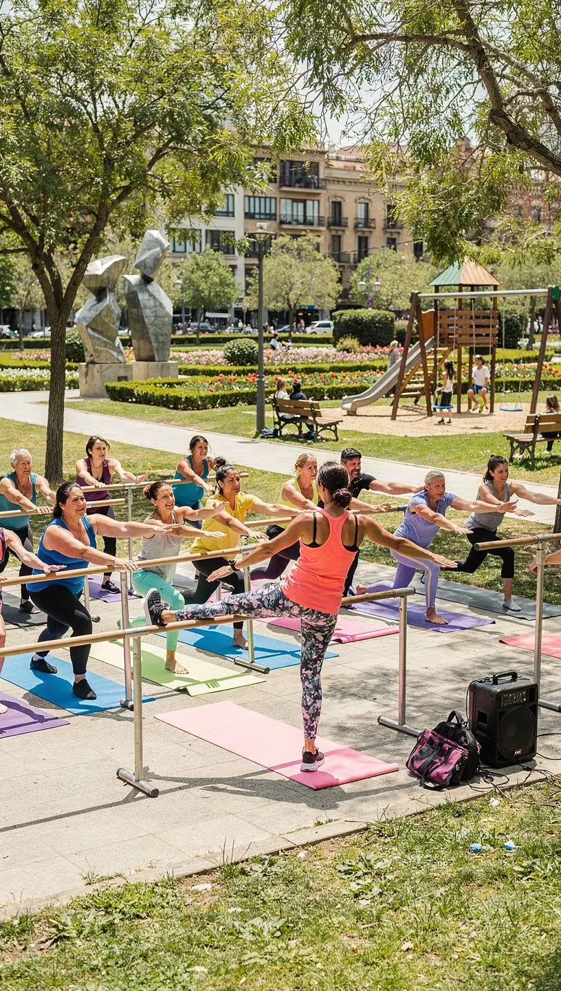 Una clase de barre con participantes siguiendo los movimientos al ritmo de la música.