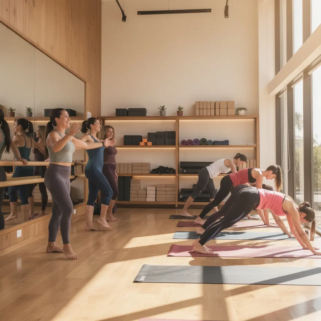 Una instructora realizando una postura de yoga en un estudio iluminado.