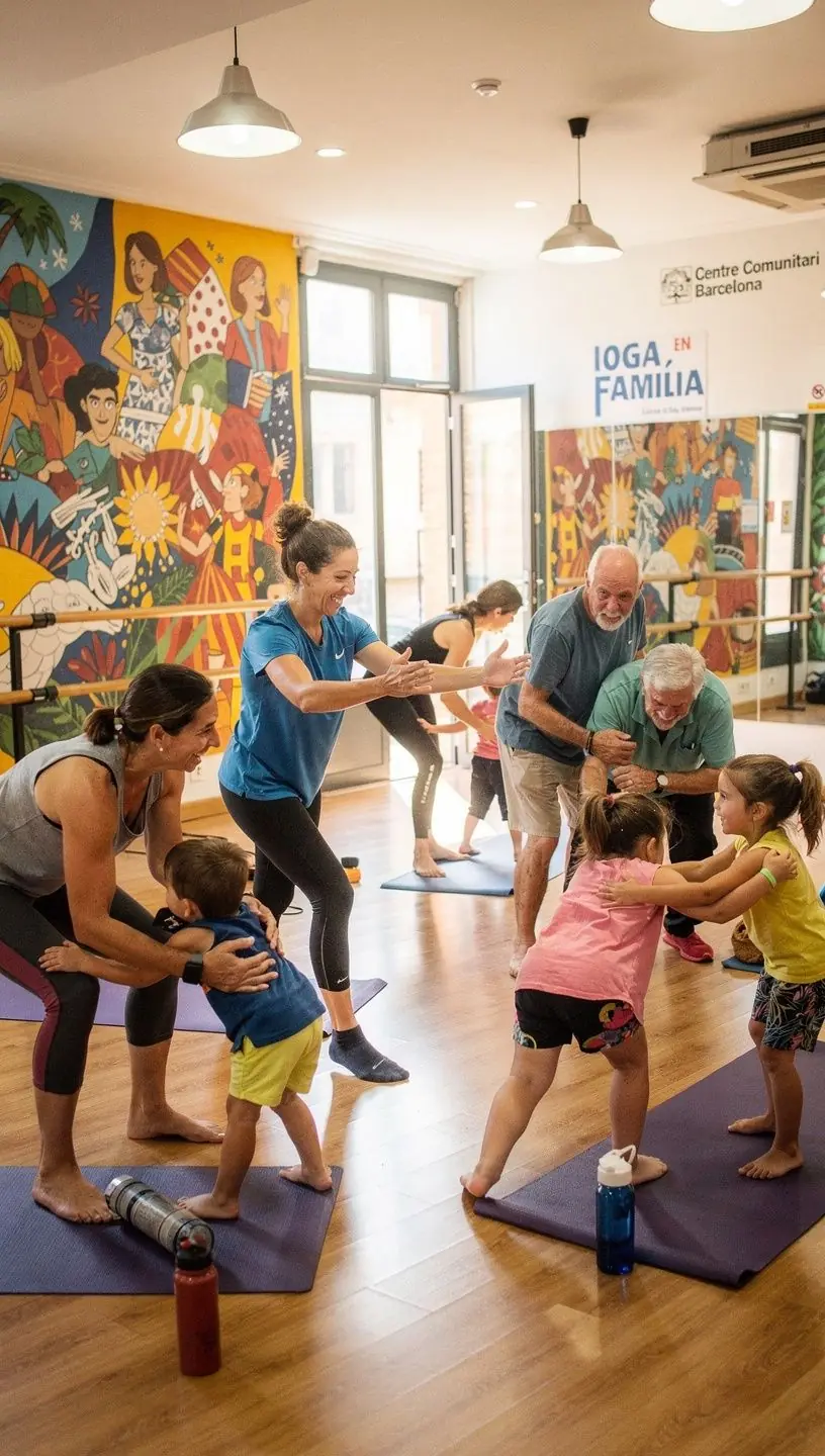 Un grupo de personas realizando ejercicios de pilates en una clase grupal, con sonrisas en sus rostros.