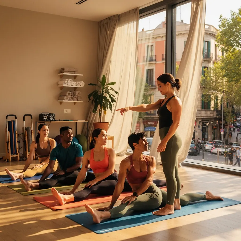 Una instructora guiando una sesión de barre, donde los participantes se enfocan en la postura y la concentración.