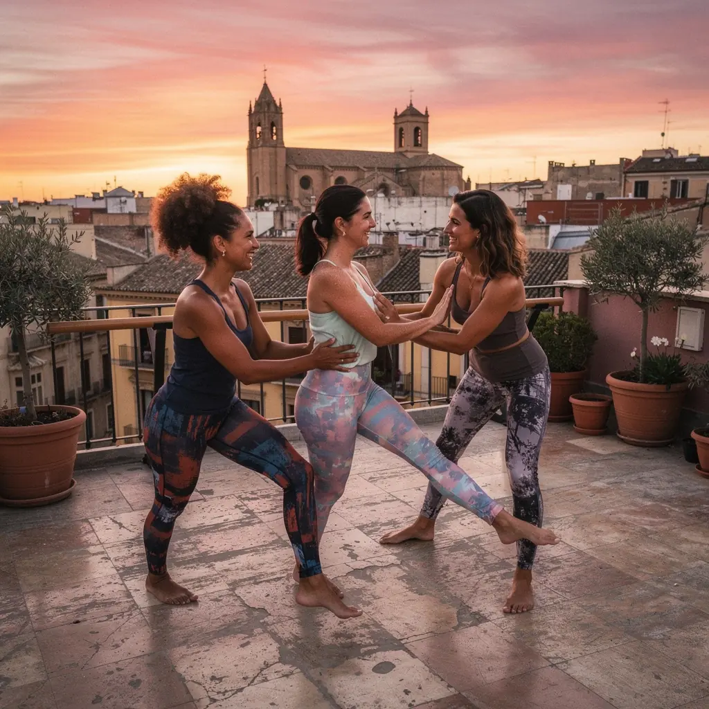 Un ambiente luminoso y acogedor de un estudio de fitness, con colchonetas y accesorios para la práctica de yoga y pilates.