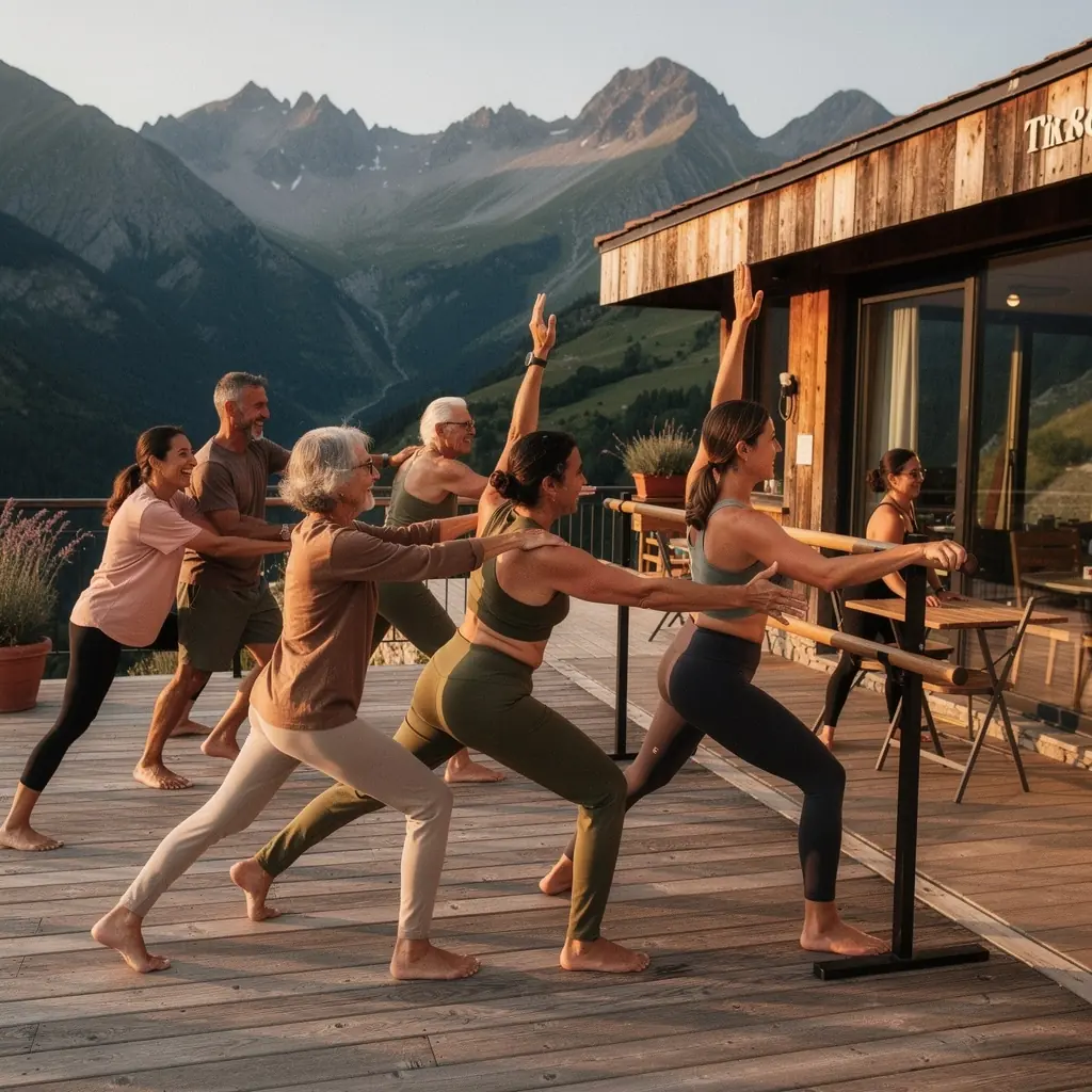 Un grupo de personas realizando ejercicios de pilates en una clase grupal, con sonrisas en sus rostros.