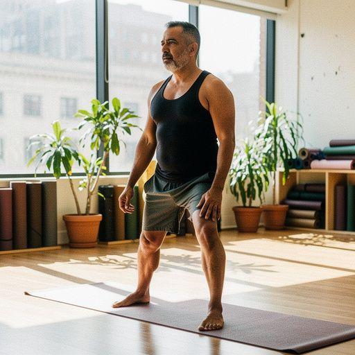 Un primer plano de pies descalzos sobre una colchoneta de yoga.